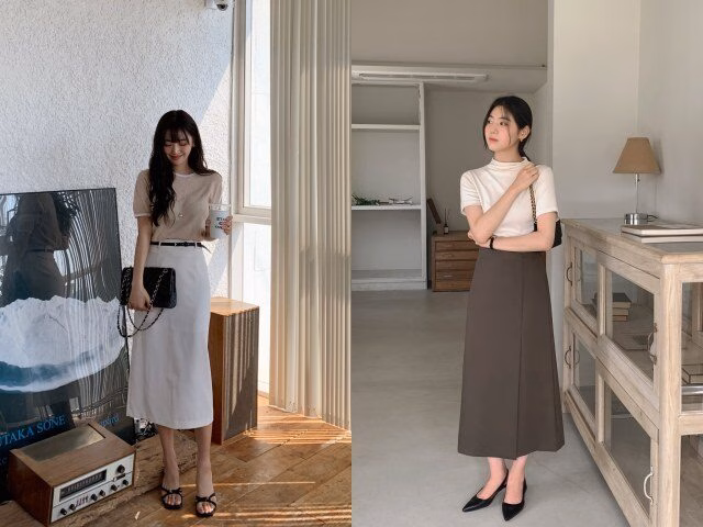 Sự đơn giản lên ngôi với combo áo thun và chân váy suông, mang lại vẻ ngoài năng động, không bao giờ lỗi mốt.
