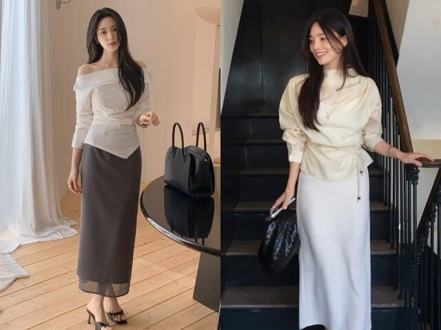 Sự kết hợp giữa sơ mi voan và chân váy suông mang lại vẻ ngoài thanh thoát, lý tưởng cho những ngày đi làm cần sự chỉn chu nhưng vẫn thoải mái.