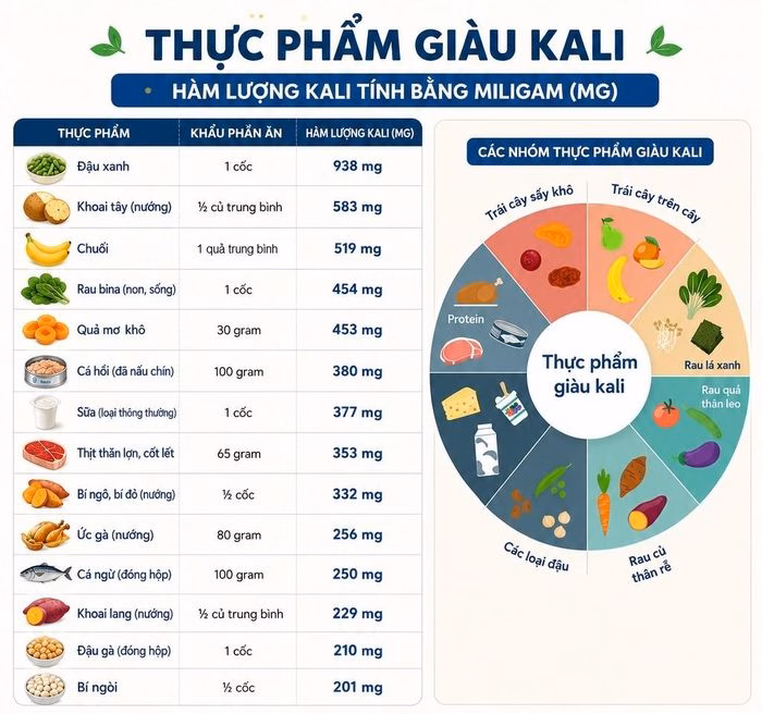 Các loại thực phẩm phổ biến và hàm lượng kali của chúng. Nguồn: Australian Food Composition Database.