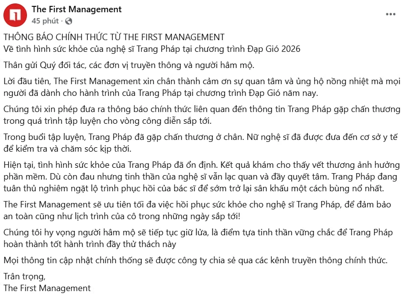 Thông báo chính thức từ phía công ty quản lý về chấn thương của Trang Pháp.