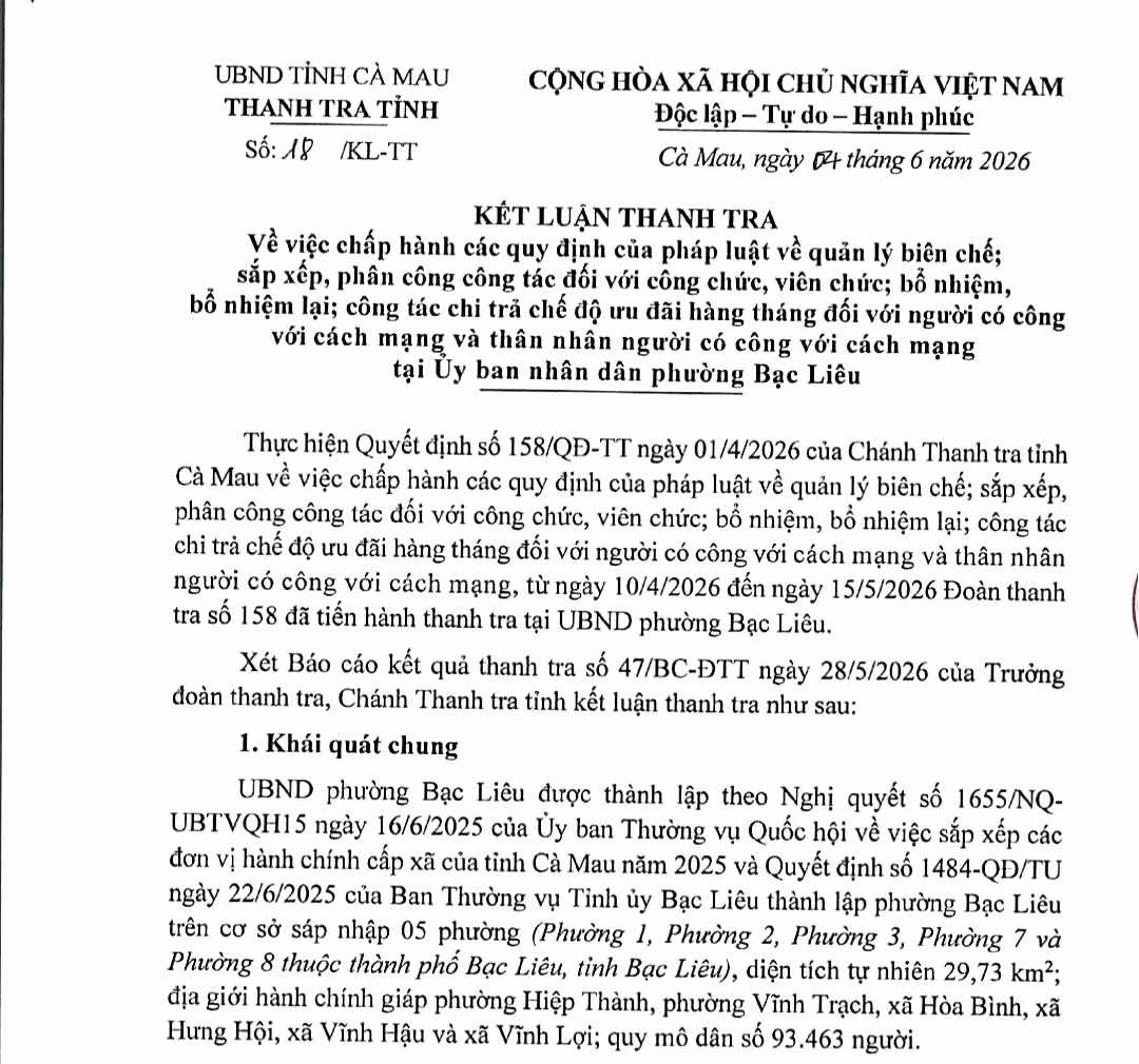 Thanh tra tỉnh Cà Mau kết luận phường Bạc Liêu có nhiều thiếu sót trong bố trí cán bộ. Ảnh: Nhật Hồ.